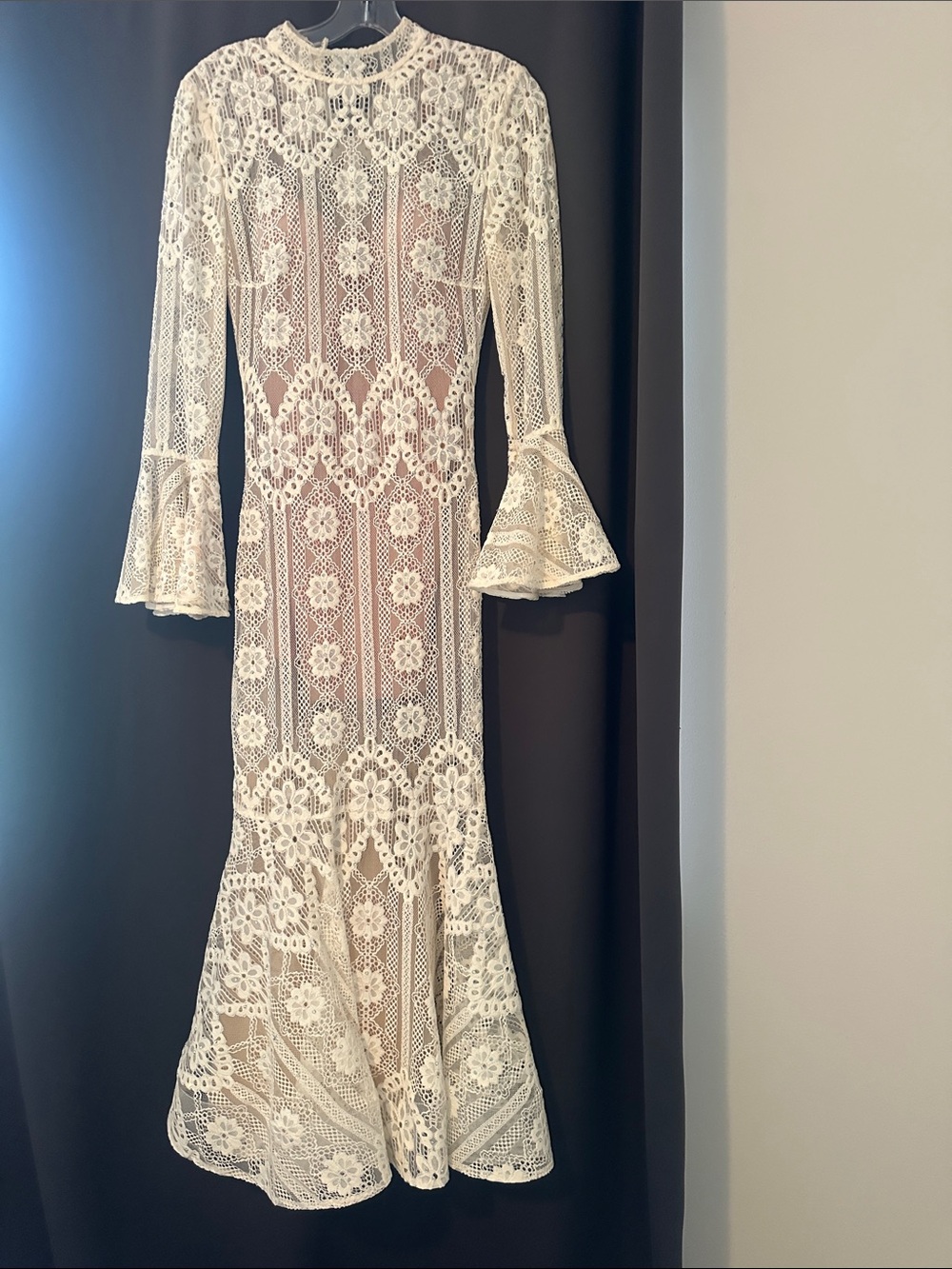Jovani Ivory Crochet Lace Maxi Dress with Bell Sleeves